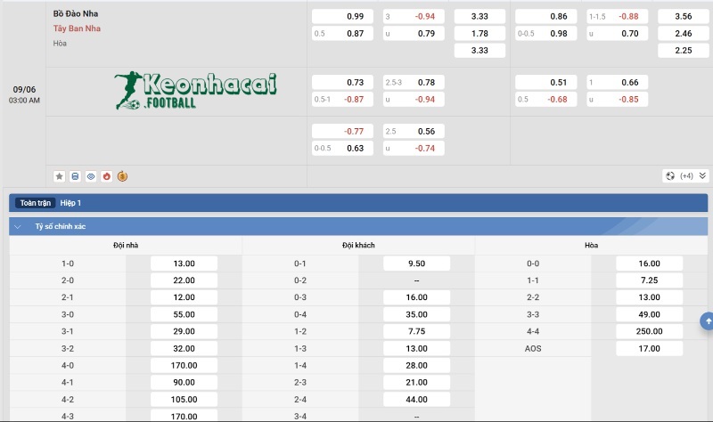Tỷ lệ kèo Bồ Đào Nha vs Tây Ban Nha