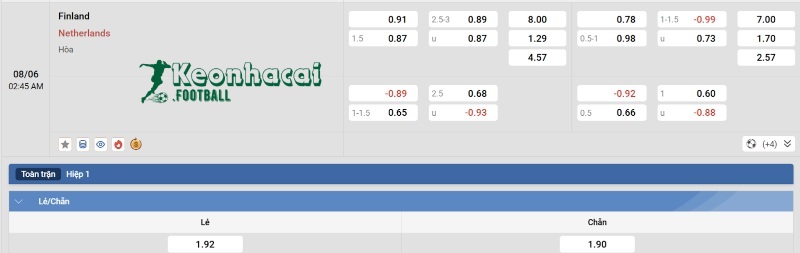 Tỷ lệ kèo Phần Lan vs Hà Lan