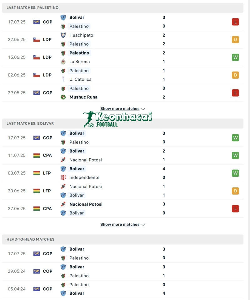 Phong độ và lịch sử đối đầu của Palestino vs Bolivar  