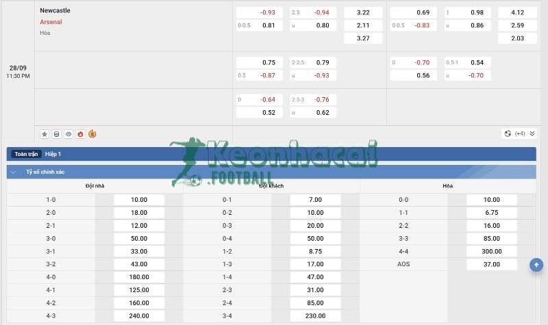 Tỷ lệ kèo Newcastle vs Arsenal