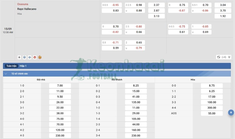 Tỷ lệ kèo Osasuna vs Rayo Vallecano