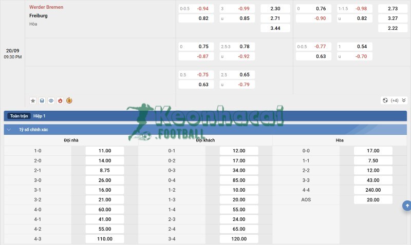 Tỷ lệ kèo Werder Bremen vs Freiburg